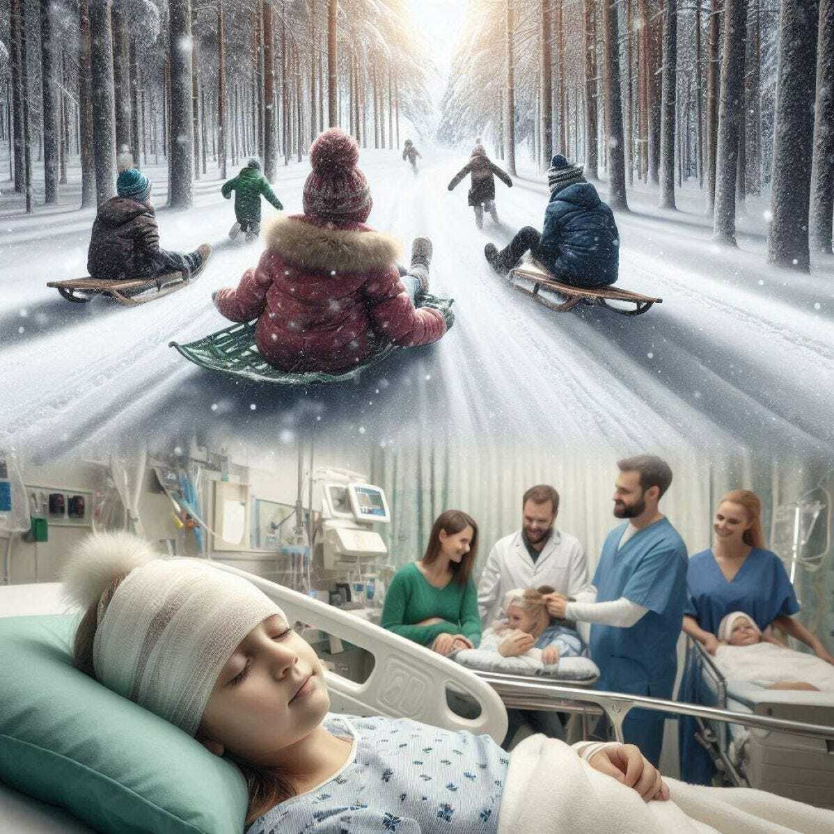 A winter scene of children going down a forested sledding him in toboggans and sleds that blends into an image of a girl lying in a hospital bed, her head bandaged with her parents and siblings looking on.