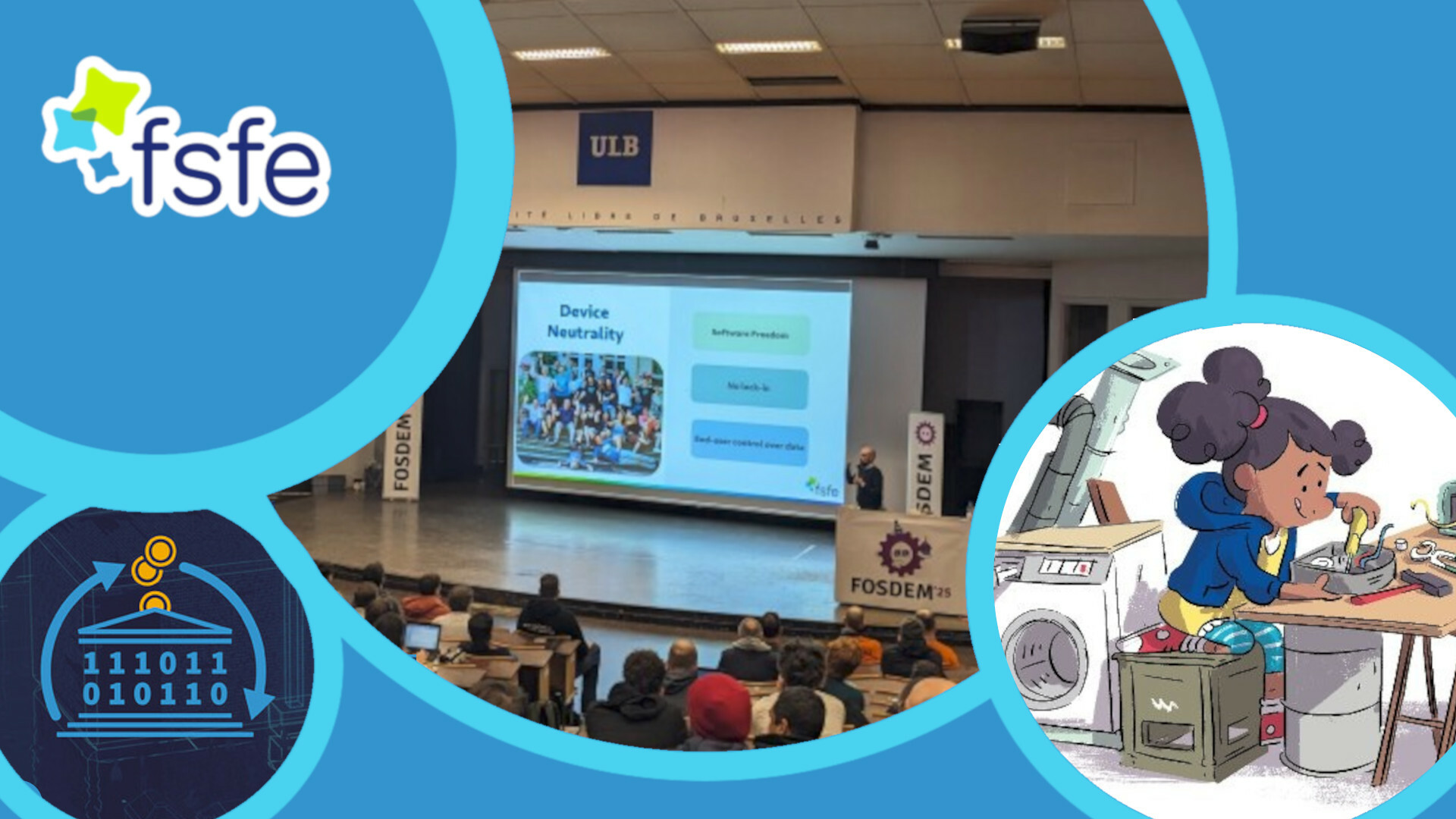 Collage met een illustratie van Ada & Zangemann; het PGPC-logo; en een foto van een lezing tijdens FOSDEM 2025 waarop u het hoofdpodium vanaf de achterkant van de zaal kunt zien, vanuit het perspectief van de aanwezigen.