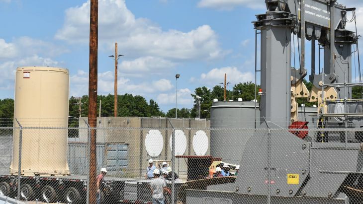 A canister being transferred to the storage system at Oyster Creek in 2022: the facility is used to store both used fuel and highly radioactive reactor components (Holtec) 