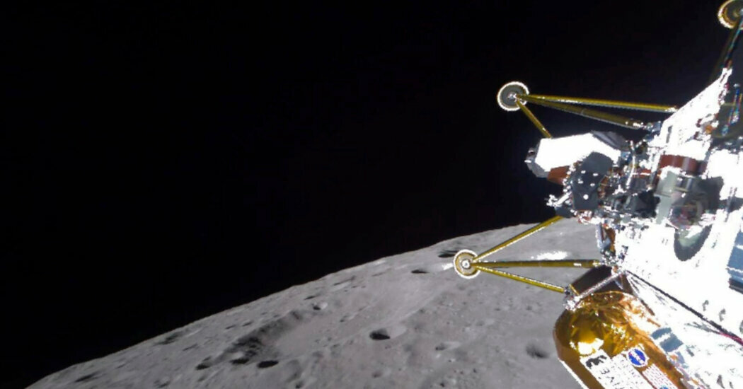 An image beamed from the Intuitive Machines Athena lander as it approached the moon on Thursday.