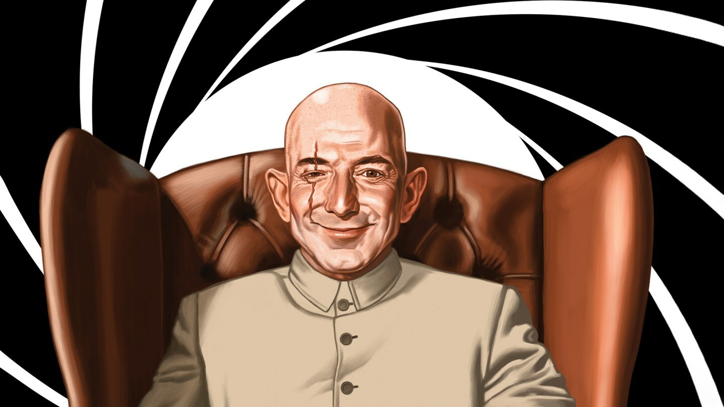 illustration of Jeff Bezos styled as the Bond villain Blofeld