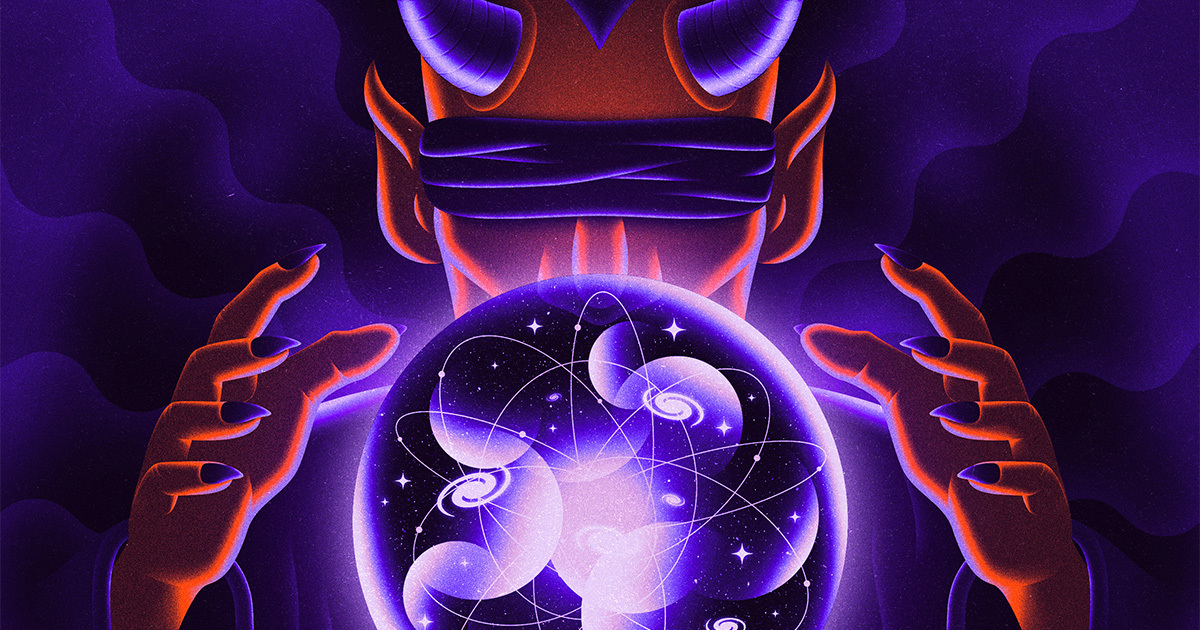 Illustration of a blindfolded demon attempting to sense the contents of a cosmic crystal ball.