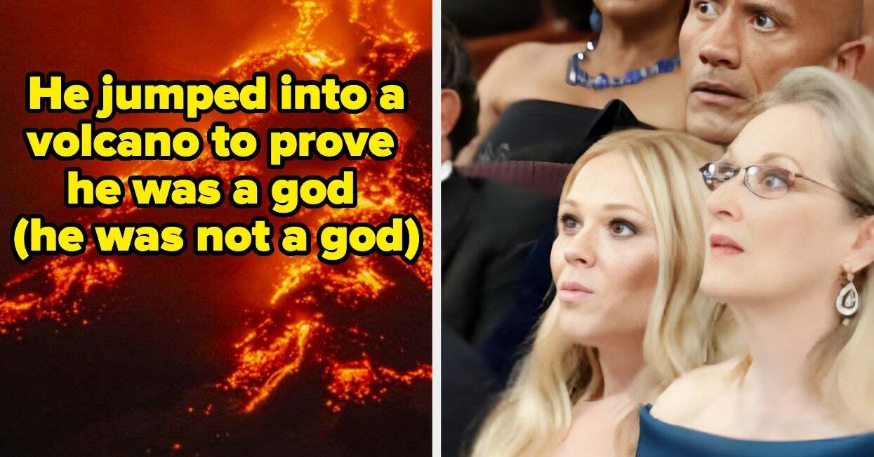Text: "He jumped into a volcano to prove he was a god (he was not a god)." Celebrities react with surprise while seated. Lava flows are shown on the left