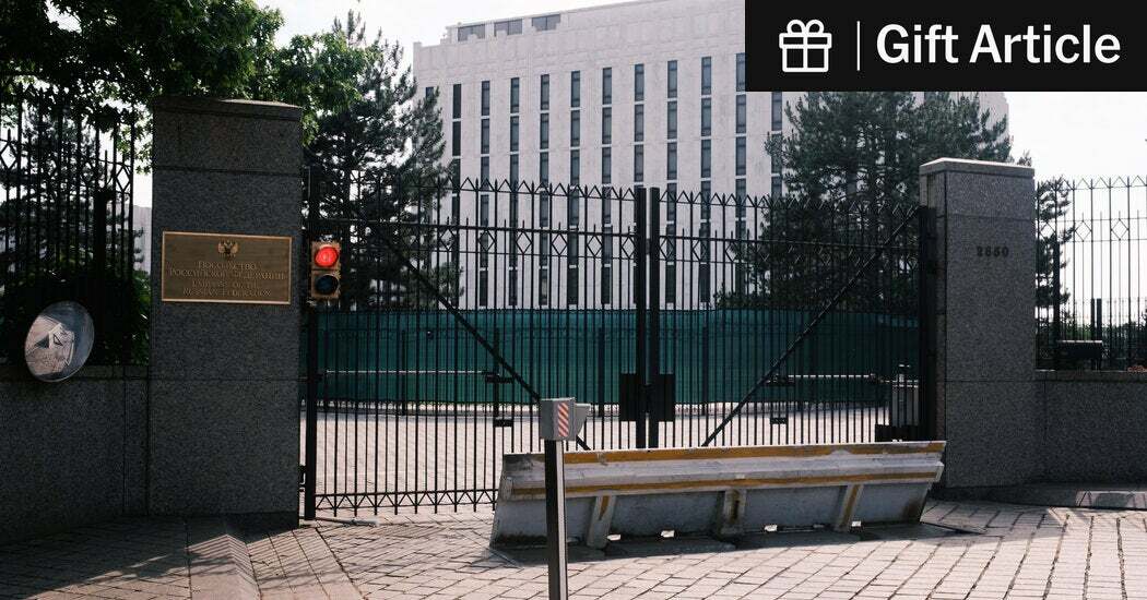 The Russian Embassy in Washington in 2023. Most of the 220 Russian diplomats in the United States work at the embassy, but dozens are also based in New York and Houston.