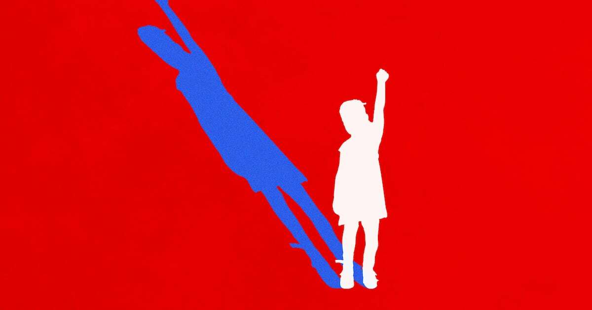 A photo illustration showing a small child raising their fist.