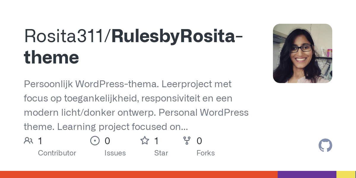 Persoonlijk WordPress-thema. Leerproject met focus op toegankelijkheid, responsiviteit en een modern licht/donker ontwerp.  Personal WordPress theme. Learning project focused on accessibility, resp...