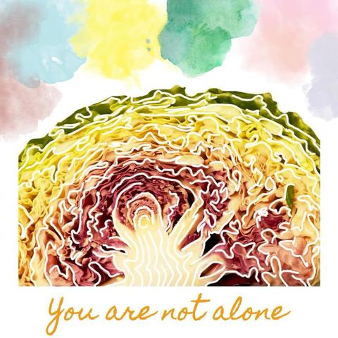 Cross section of a cabbage, with white curlicues drawn on top of it, pastel watercolor blobs above it, and You are not alone written in a cursive font below it.