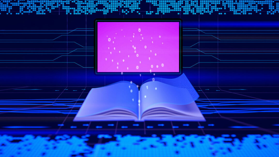 Illustration of an electronic book with binary digits floating out of it and into a computer screen.