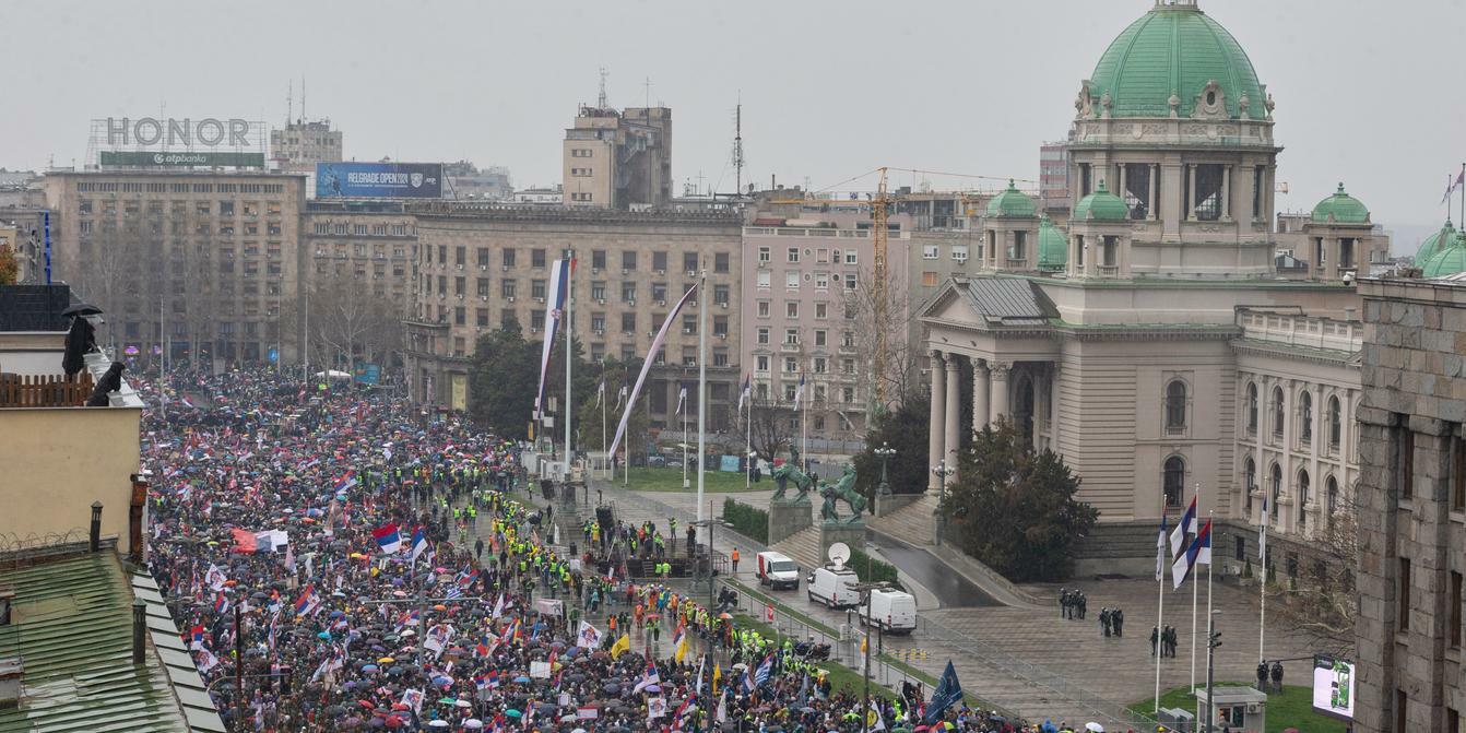 Tens of thousands gather in front of the Serbian parliament during a major anti-corruption rally led by university students in Belgrade, Serbia, Saturday, 15 March 2025. MARKO DROBNJAKOVIC / AP
