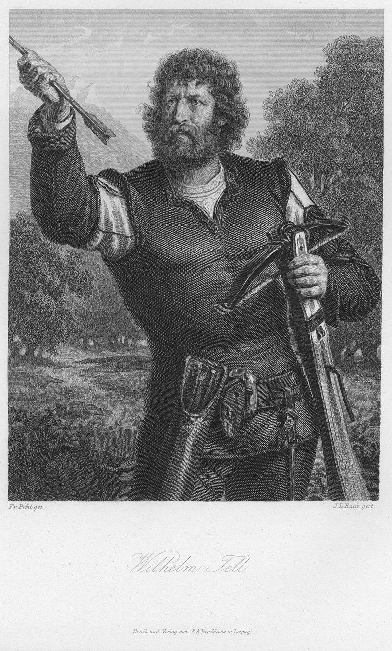 William Tell; from the Schiller Galerie; by Johann Leonhard Raab

Friedrich Pecht: Schiller Gallery. Characters from Schiller's works, drawn by Friedrich Pecht and Arthur von Ramberg. Fifty sheets in steel engraving with explanatory text by Friedrich Pecht. F. A. Brockhaus, Leipzig, 1859

In the image, William Tell is depicted holding a crossbow in his left hand and an arrow (or bolt) in his raised right hand. 

He stands with a resolute and determined expression, wearing traditional medieval-style clothing with visible armor elements on his shoulders. 

The background features a forest landscape with mountains faintly visible, evoking the natural setting of the Swiss Alps. 