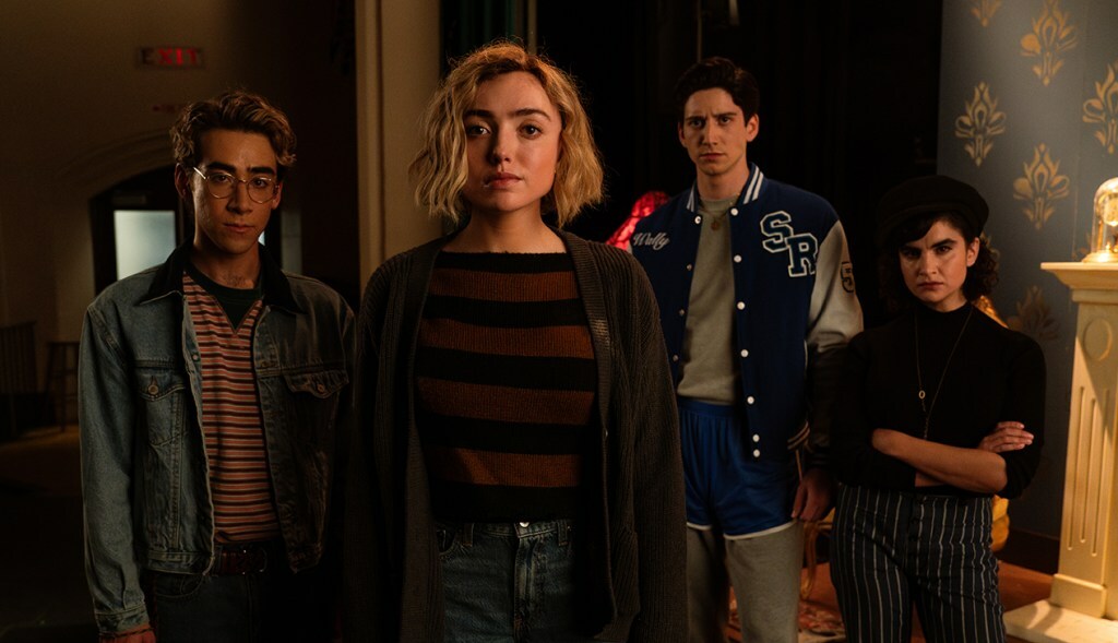 L-R: Nick Pugliese as Charley, Peyton List as Maddie Nears, Milo Manheim as Wally Clark and Sarah Yarkin as Rhonda in School Spirits