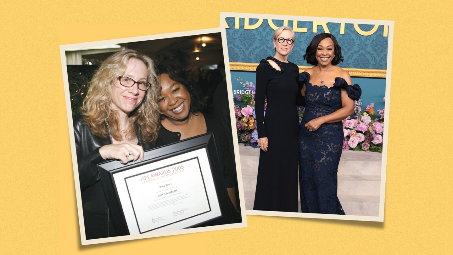 From left: Betsy Beers and Shonda Rhimes receiving an AFI Award in 2005 and attending the Bridgerton season-three premiere last year.