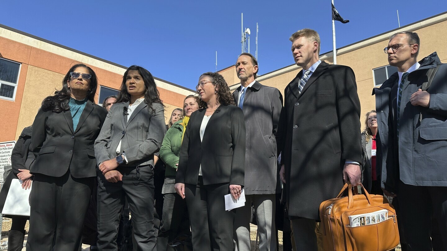 Greenpeace representatives talk with reporters on Wednesday, March 19, 2025, outside the Morton County Courthouse in Mandan, N.D. From left are Greenpeace USA Interim Executive Director Sushma Raman, Greenpeace USA Senior Legal Adviser Deepa Padmanabha, Greenpeace International General Counsel Kristin Casper, Greenpeace USA attorney Everett Jack Jr., Greenpeace Fund Inc. attorney Matt Kelly and Greenpeace USA Associate General Counsel Jay Meisel. (AP Photo/Jack Dura)
