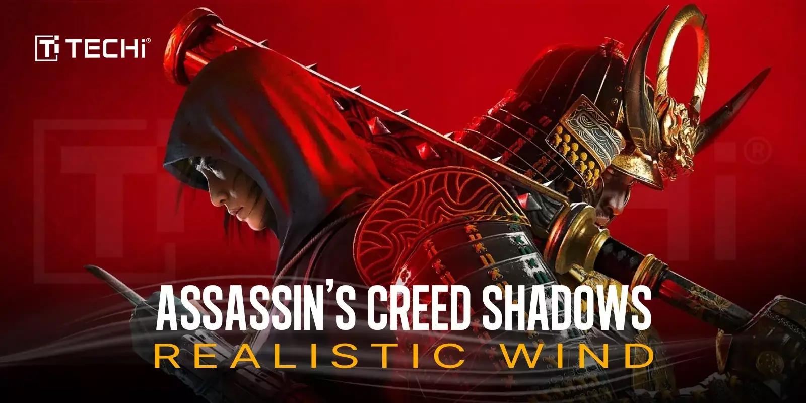 Assassin’s Creed Shadows characters Naoe and Yasuke in a dramatic red-themed background, showcasing the game's advanced wind simulation technology.