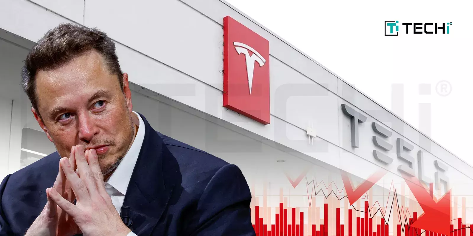 Elon Musk in deep thought with a Tesla showroom in the background, accompanied by a red downward stock chart symbolizing Tesla’s 43% sales decline in Europe due to rising competition and customer concerns.