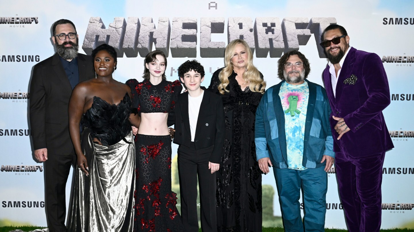 The cast of 'A Minecraft Movie' at the film's world premiere on Sunday in London.
