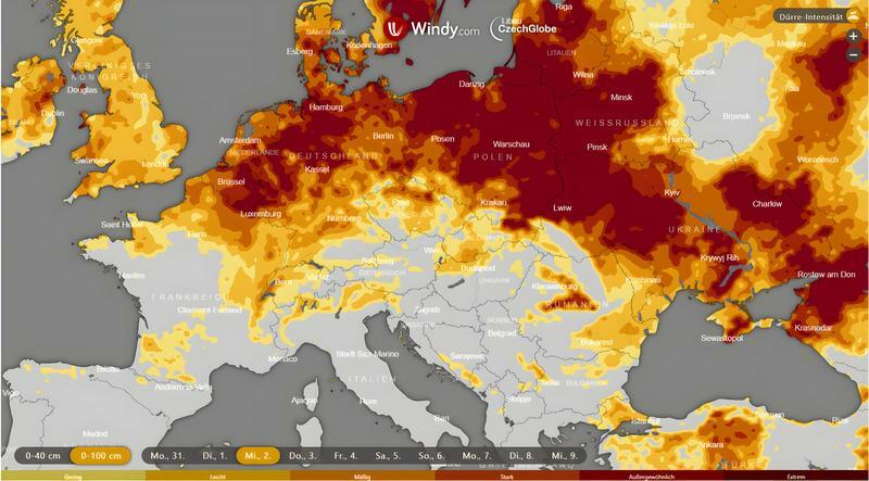 Situation in Europa: Weite Teile Mitteleuropas und Osteuropas zeigen eine ungewöhnlich hohe Anomalie der Bodenfeuchte. Besonders stark ausgeprägt ist die Abweichung von den vieljährigen Verhältnissen in der Ukraine, Belarus, Polen und Teilen Deutschland