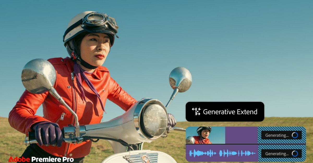 A person riding a motorcycle, with Adobe Premiere Pro’s Generative Extend tool displayed beside them.