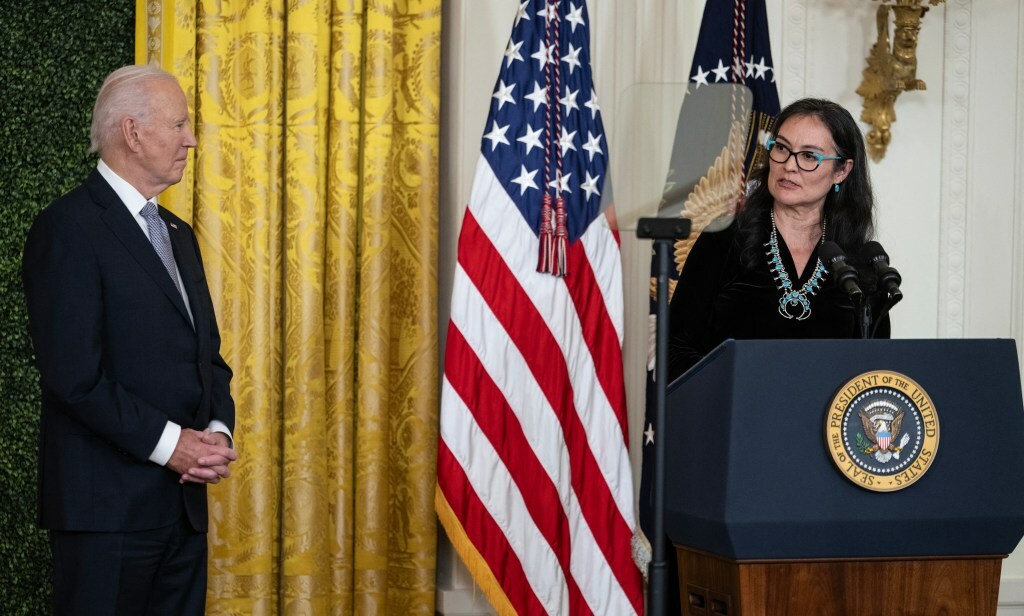 US President Joe Biden listens as Shelley Lowe, chair of the National Endowment for the Humanities, speaks during the National Arts and Humanities Reception in the East Room of the White House in Washington, DC, October 21, 2024. (Photo by ANDREW CABALLERO-REYNOLDS / AFP) (Photo by ANDREW CABALLERO-REYNOLDS/AFP via Getty Images)