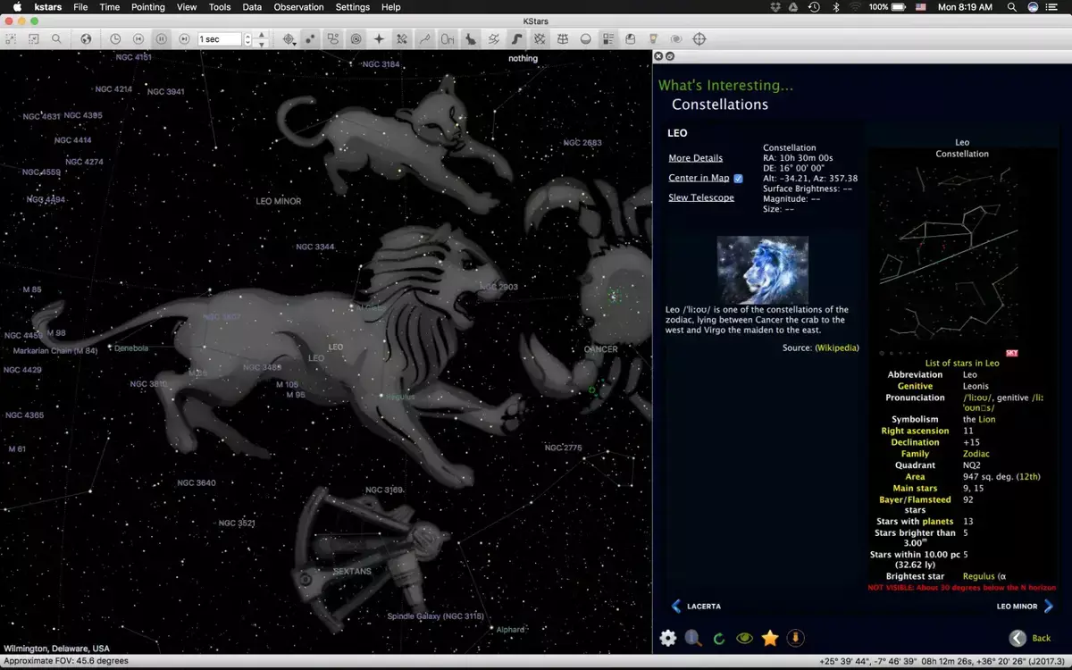 A star map showcasing the constellation Leo, including key stars, deep-sky objects, and informative details on its significance.