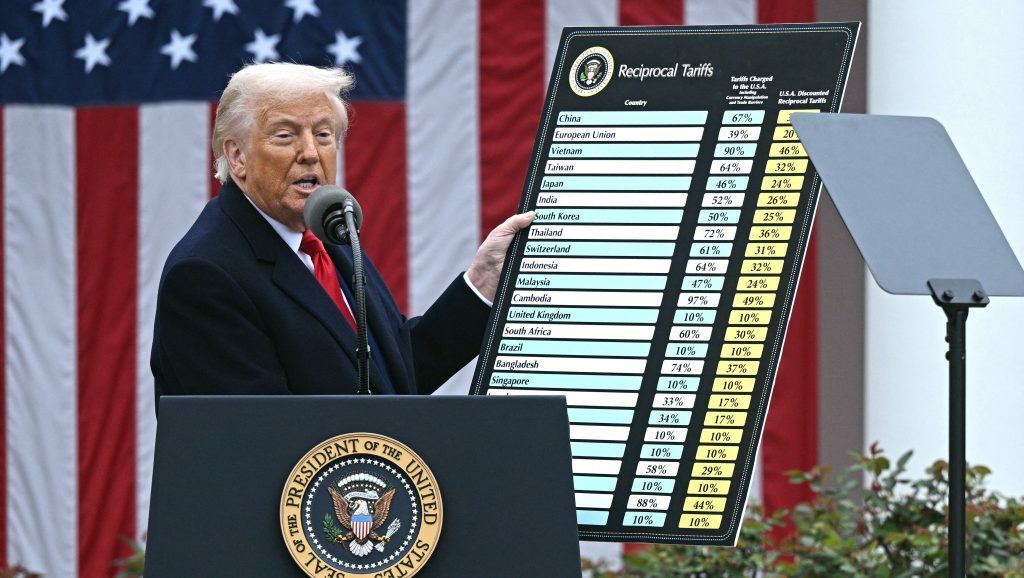 Donald Trump holds up his international trade tariffs chart