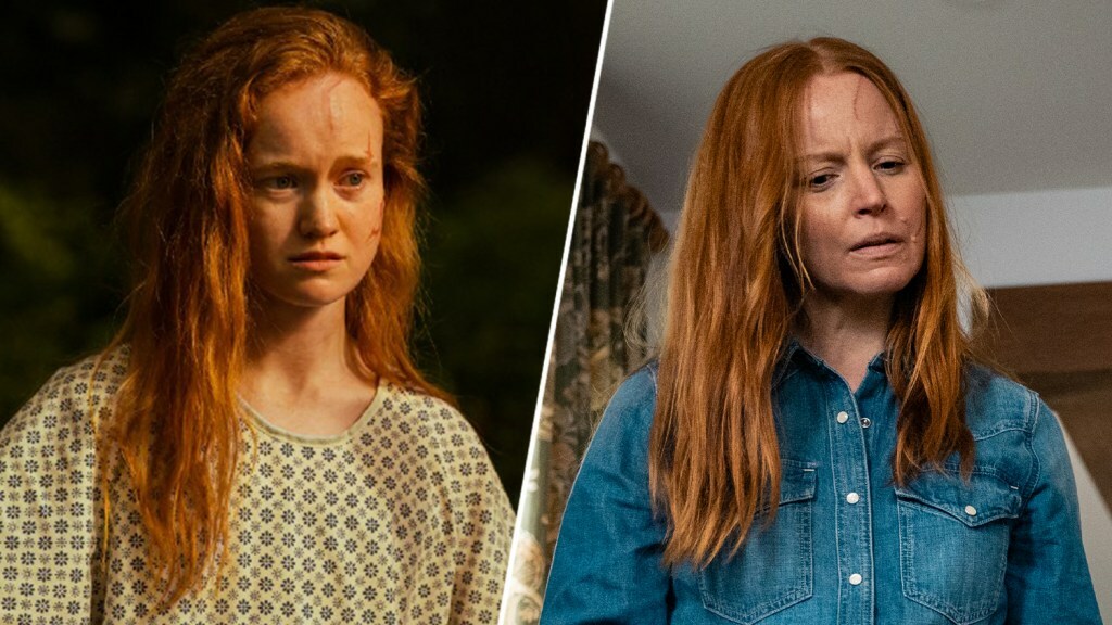 Liv Hewson wears a hospital gown in a 'Yellowjackets' still; Lauren Ambrose wears a denim shirt in a 'Yellowjackets' still.