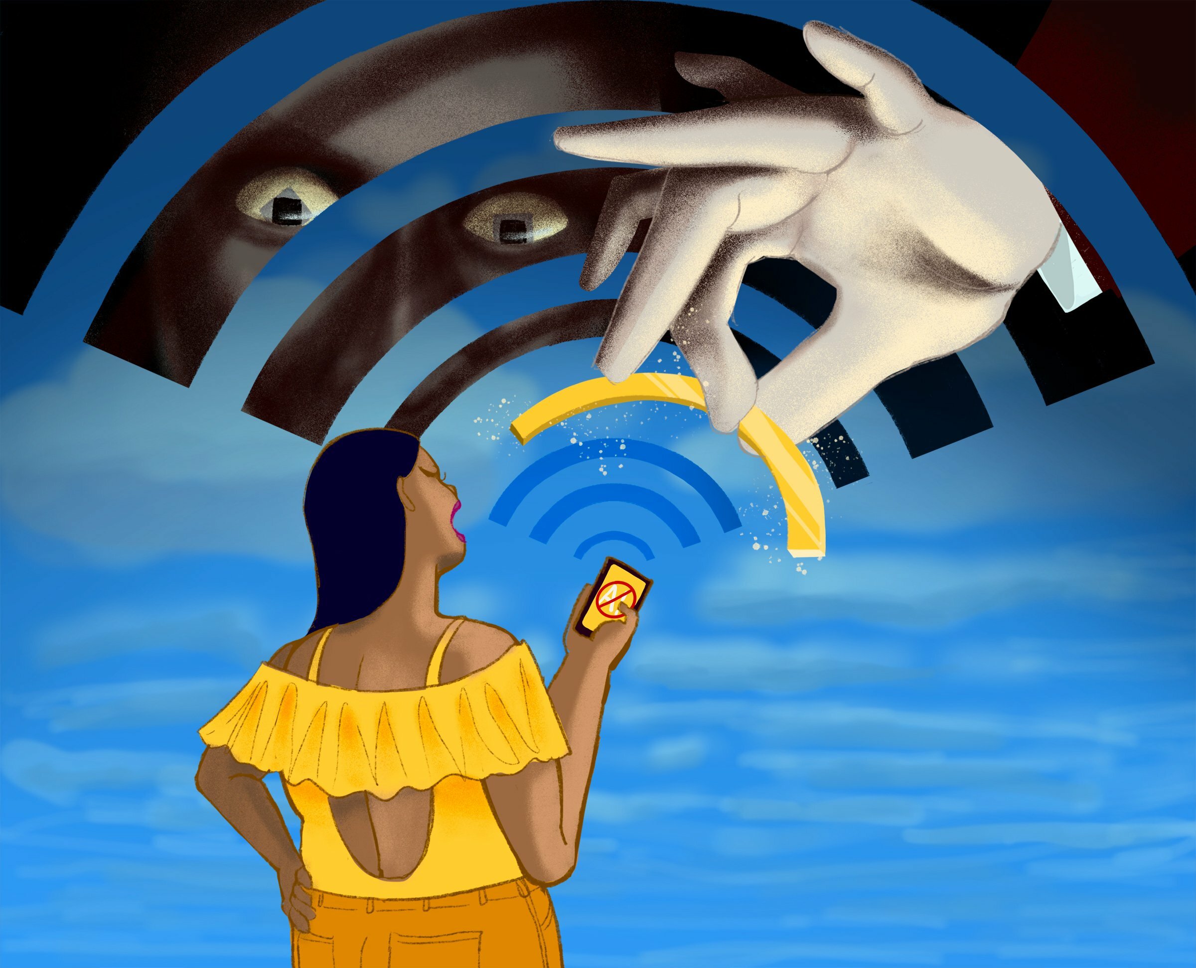 A person wearing a gold top and goldenrod pants yells at a seven-fingered hand that is stealing a bar of wifi signal from her as a square-pupiled man leering from the darkness watches on