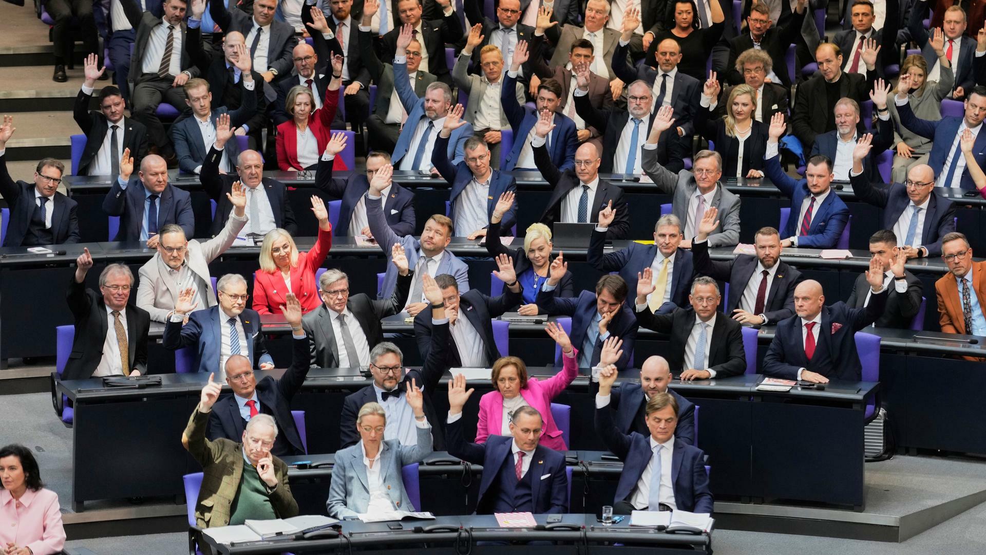 Die Abgeordneten der AfD-Fraktion heben die Hand bei einer Abstimmung im neuen Bundestag am 25.3.2026
