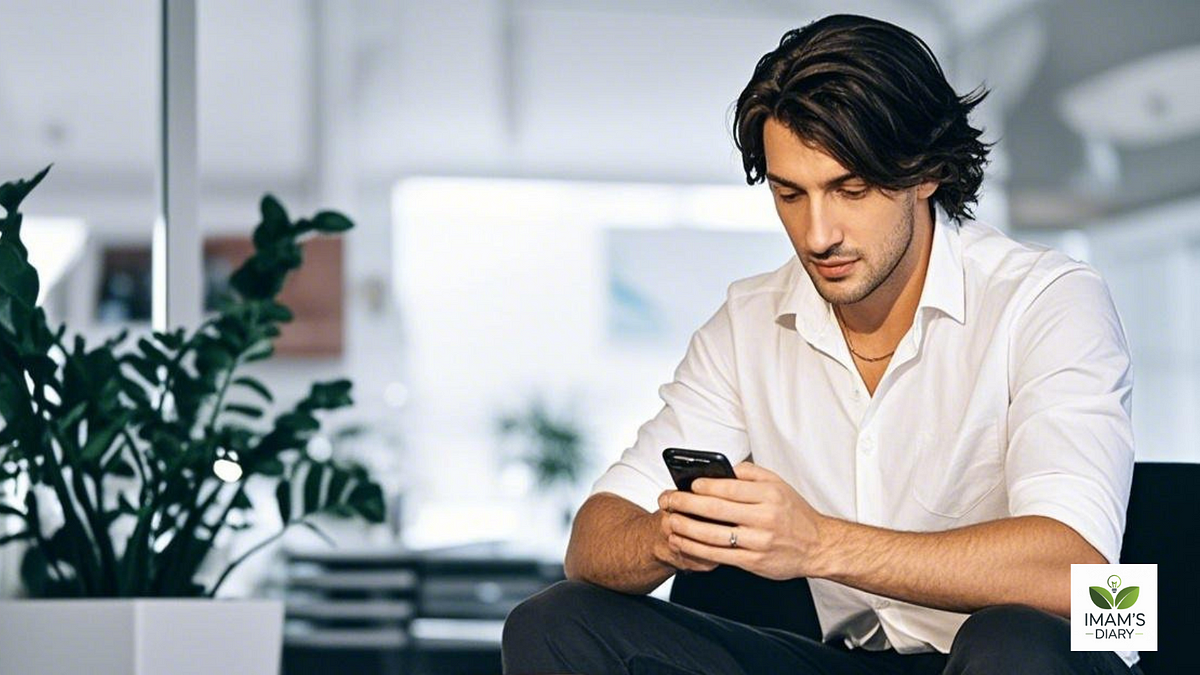A man with dark, styled hair is sitting in a modern, well-lit room while focused on his smartphone. He is wearing a white button-up shirt and black pants, with a subtle necklace visible around his neck. His expression appears calm and attentive as he interacts with the device. The background includes a potted plant and blurred office or home furnishings, creating a clean and professional atmosphere. A man with dark, styled hair is sitting in a modern, well-lit room while focused on his smartphone. He is wearing a white button-up shirt and black pants, with a subtle necklace visible around his neck. His expression appears calm and attentive as he interacts with the device. The background includes a potted plant and blurred office or home furnishings, creating a clean and professional atmosphere.