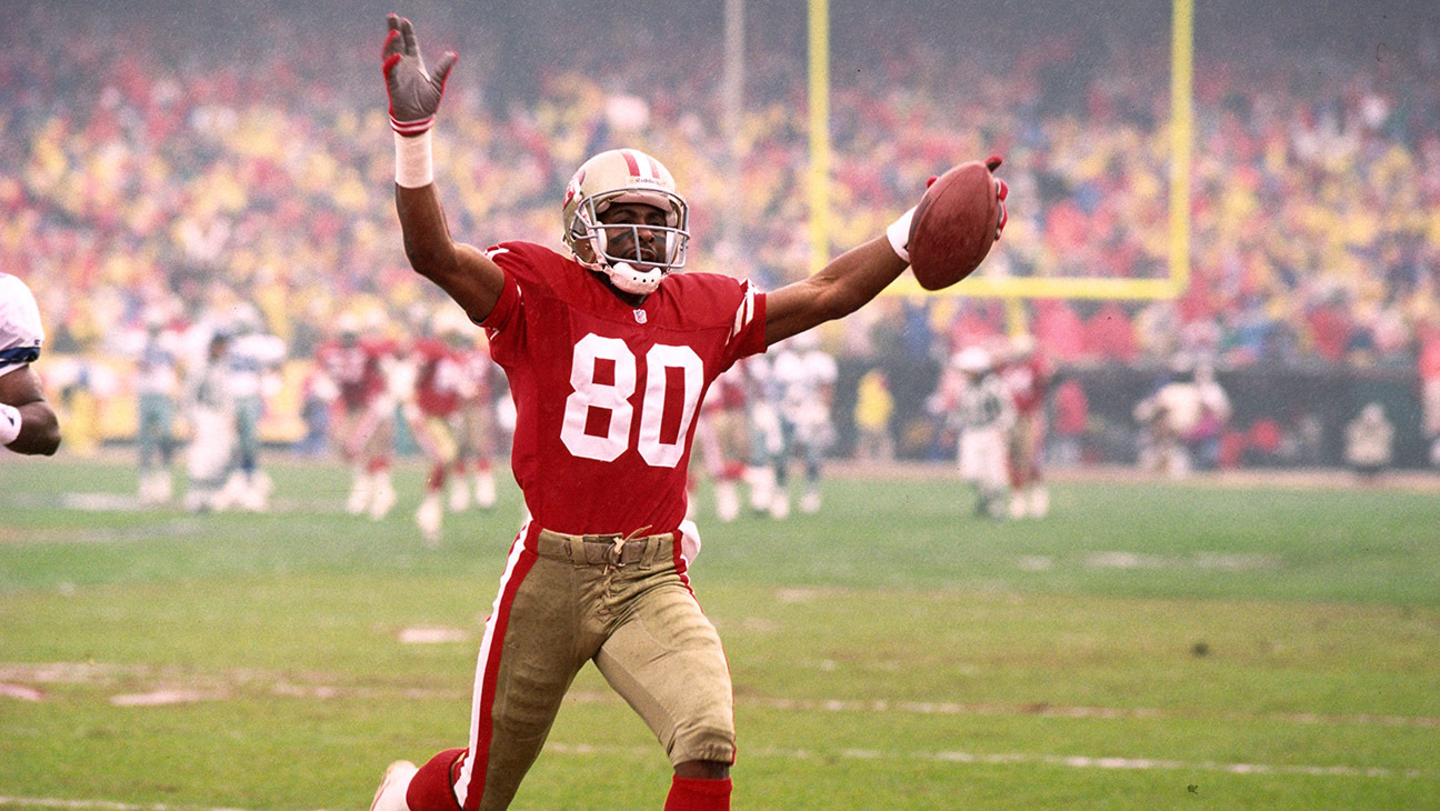 Football: San Francisco 49ers Jerry Rice (80) victorious after scoring TD during game, San Francisco, CA 1/1/1992--12/31/1992