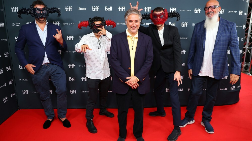 TORONTO, ONTARIO - SEPTEMBER 11: (L-R) A guest, Eric Kohn, Harmony Korine, Joao Rosa, and Judd Allison attend the "Aggro Dr1ft" premiere during the 2023 Toronto International Film Festival at Royal Alexandra Theatre on September 11, 2023 in Toronto, Ontario. (Photo by Leon Bennett/Getty Images)