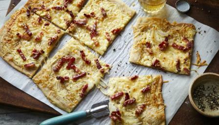 Rick Stein's tarte flambée with bacon and cheese recipe