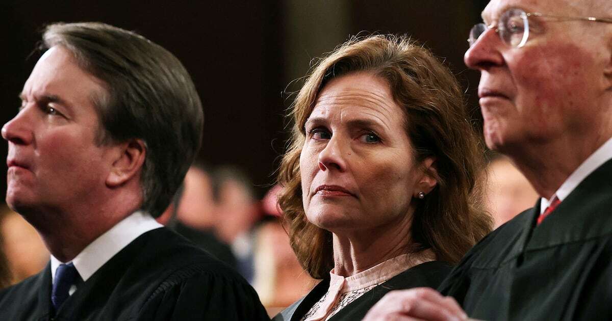 Supreme Court Associate Justice Amy Coney Barrett, Justice Brett Kavanaugh and retired Justice Anthony Kennedy attend Donald Trump's address to a joint session of Congress at the U.S. Capitol on March 04, 2025 in Washington, DC.