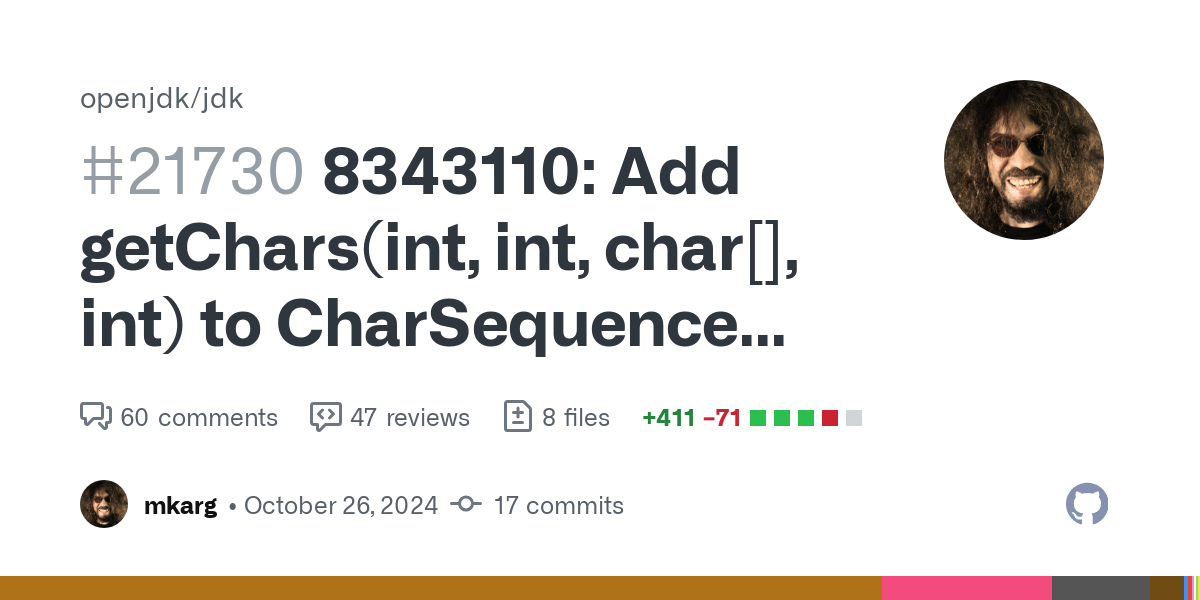 This Pull Request proposes an implementation for JDK-8343110: Adding the new method public void getChars(int srcBegin, int srcEnd, char[] dst, int dstBegin) to the CharSequence interface, providing...