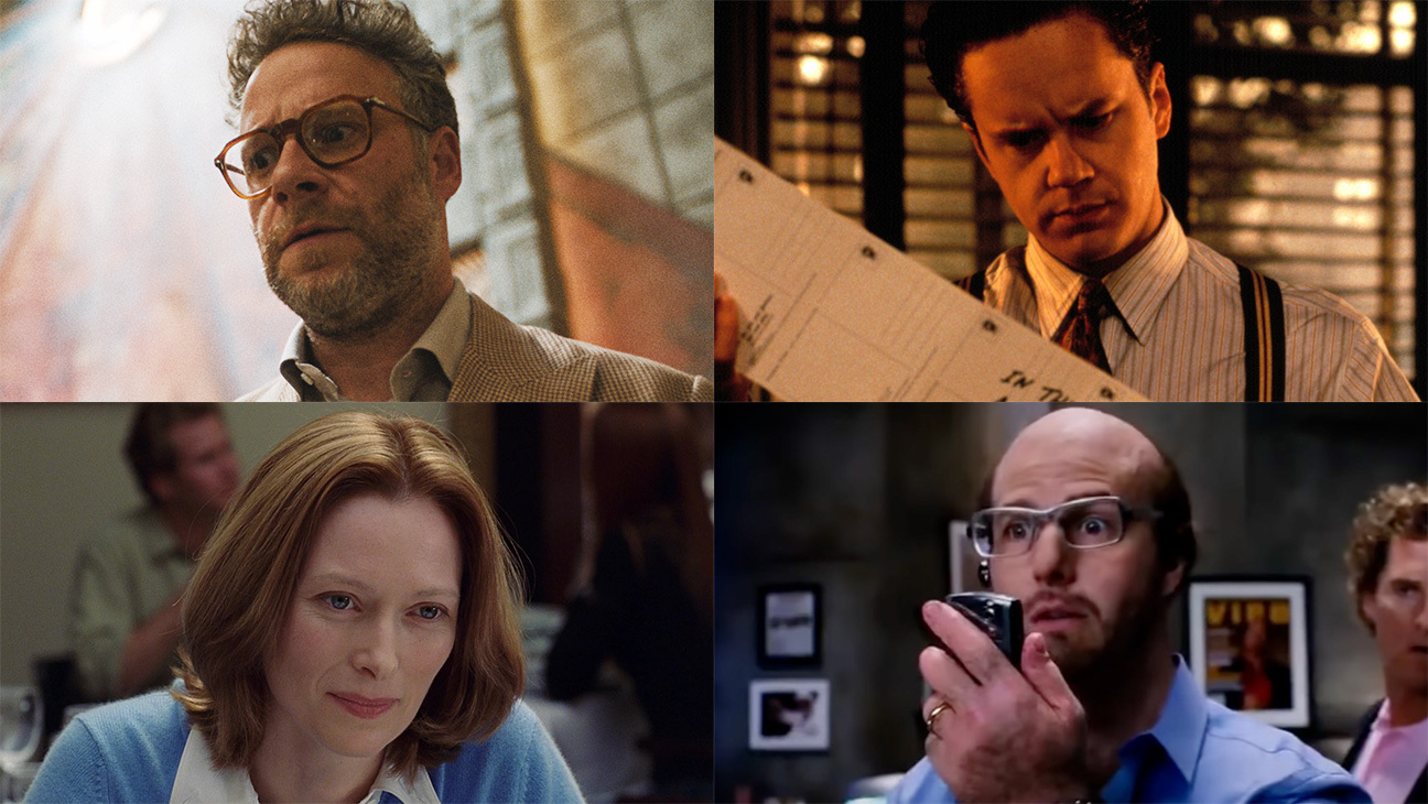 Clockwise from top left: Seth Rogen in 'The Studio,' Tim Robbins in 'The Player,' Tom Cruise in 'Tropic Thunder' and Tilda Swinton in 'Adaptation'