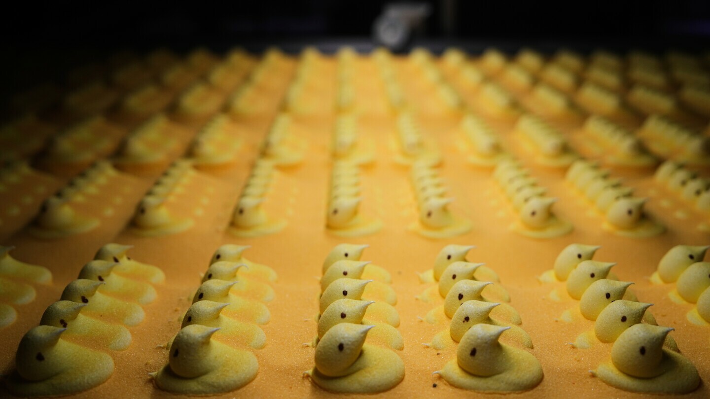 Peeps marshmallow treats move through the manufacturing process at the Just Born factory in Bethlehem, Pa., Thursday, April 10, 2025. (AP Photo/Matt Rourke)