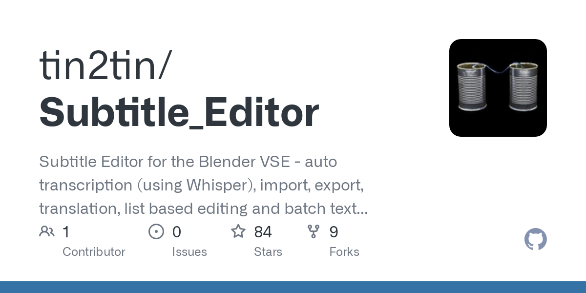Subtitle Editor for the Blender VSE - auto transcription (using Whisper), import, export, translation, list based editing and batch text style change. Blender Video Sequence Editor (VSE). - tin2tin... Subtitle Editor for the Blender VSE - auto transcription (using Whisper), import, export, translation, list based editing and batch text style change. Blender Video Sequence Editor (VSE). - tin2tin...