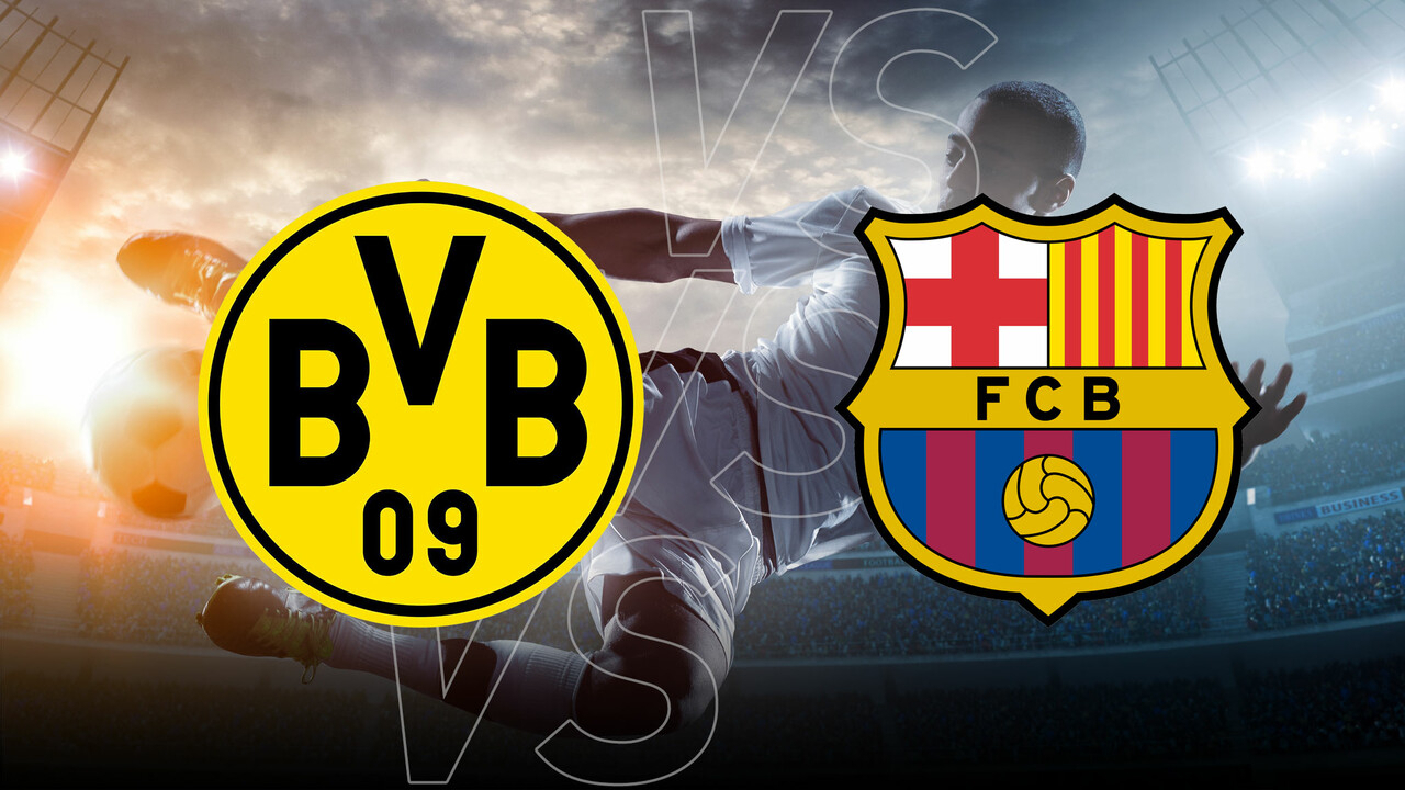 Wappen von Borussia Dortmund und FC Barcelona auf Stadionhintergrund