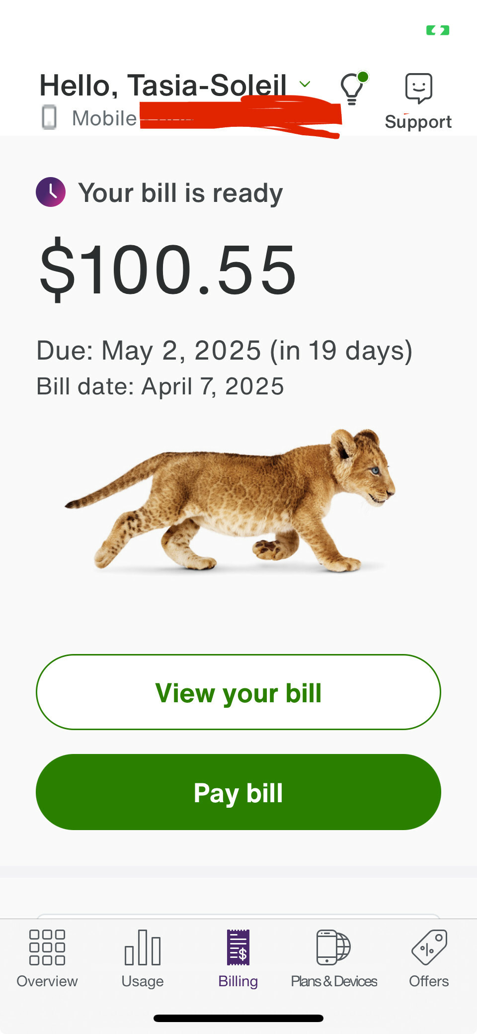 Hello, Tasia-Soleil ~
• Mobile
回
Support
• Your bill is ready
$100.55
Due: May 2, 2025 (in 19 days)
Bill date: April 7, 2025
View your bill
Pay bill
口
OO
00
Overview
DU0
Usage
Billing
Plans & Devices
Offers