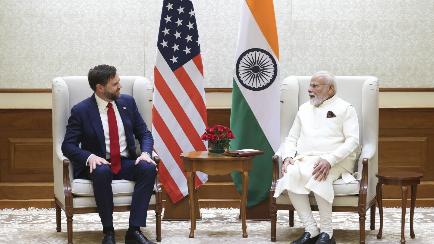 U.S. Vice President JD Vance talks with Indian Prime Minister Narendra Modi during a meeting in New Delhi, India, Monday, April 21, 2025. (Indian Prime Minister's Office via AP)