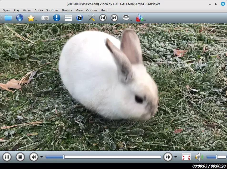 A window titled "[virtualcuriosities.com] Video by LUIS GALLARDO.mp4 - SMPlayer." Its menubar: Open, Play, Video, Audio, Subtitles, Browse, View, Options, Help. A toolbar of colorful icons. In its main pane, a bunny. Below, a progress bar with pause, stop, go back, and go forward buttons; a button to expand the window, and a speakers icon with a slider. The black statusbar displays the timestamp 00:00:03 / 00:00:20.