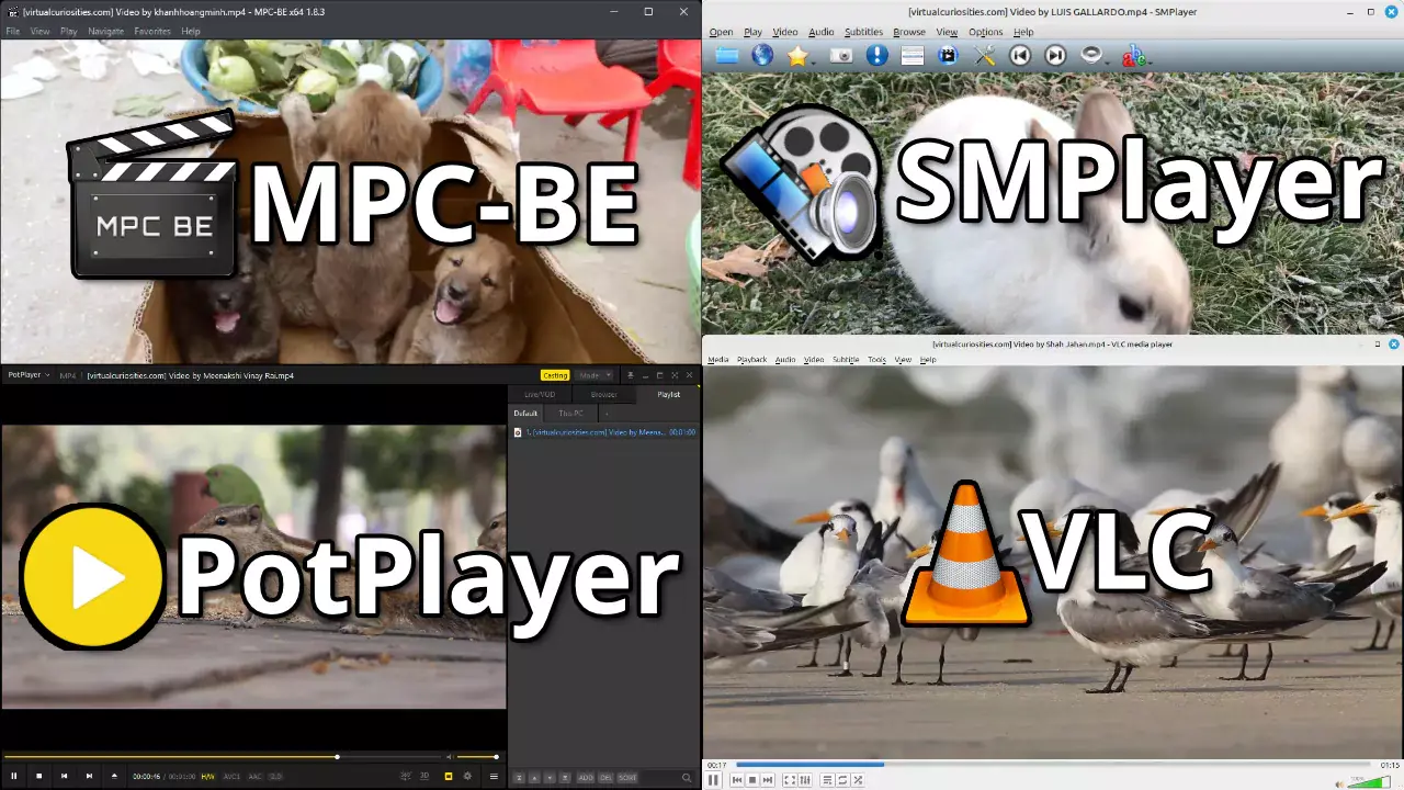A collage of four video players: MPC-BE, SMPlayer, PotPlayer, and VLC.