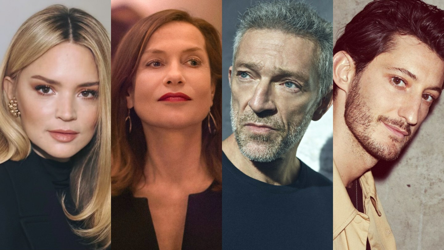 (from left): Virginie Efira, Isabelle Huppert, Vincent Cassel, Pierre Niney