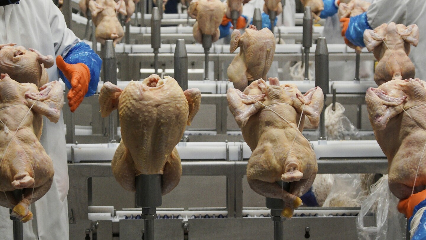 Workers process chickens at a poultry plant in Fremont, Neb., on Dec. 12, 2019. (AP Photo/Nati Harnik, File)