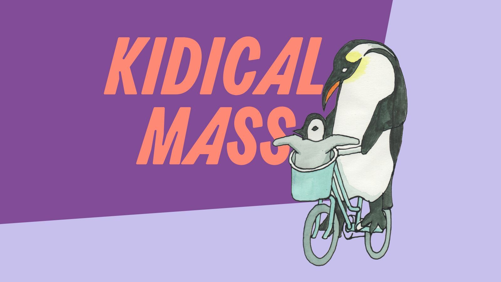 Kidical Mass. Niedliche Illustration eines großen radfahrenden Pinguins mit einem kleinen Pinguin im Korb vorn am Fahrrad Kidical Mass. Niedliche Illustration eines großen radfahrenden Pinguins mit einem kleinen Pinguin im Korb vorn am Fahrrad