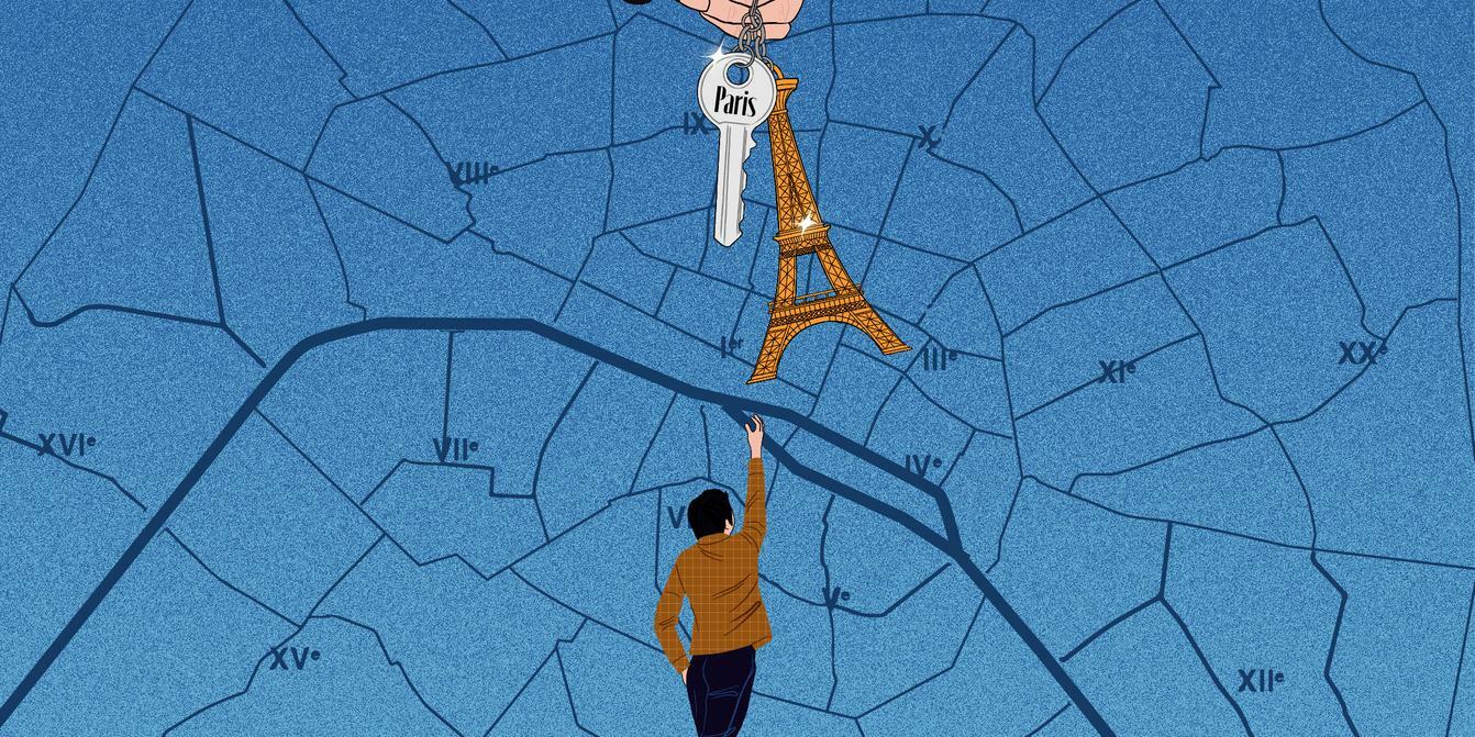 An illustration of a map of Paris with a person struggling to reach a set of keys. | Palm Illustrations