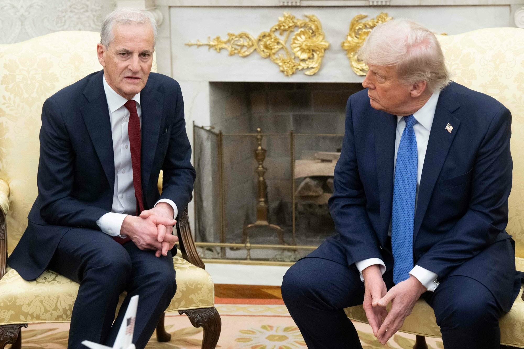 US President Donald Trump holds a bilateral meeting with Prime Minister of Norway Jonas Gahr Store in the Oval Office of the White House in Washington, DC, on April 24, 2025. (Photo by SAUL LOEB / AFP)