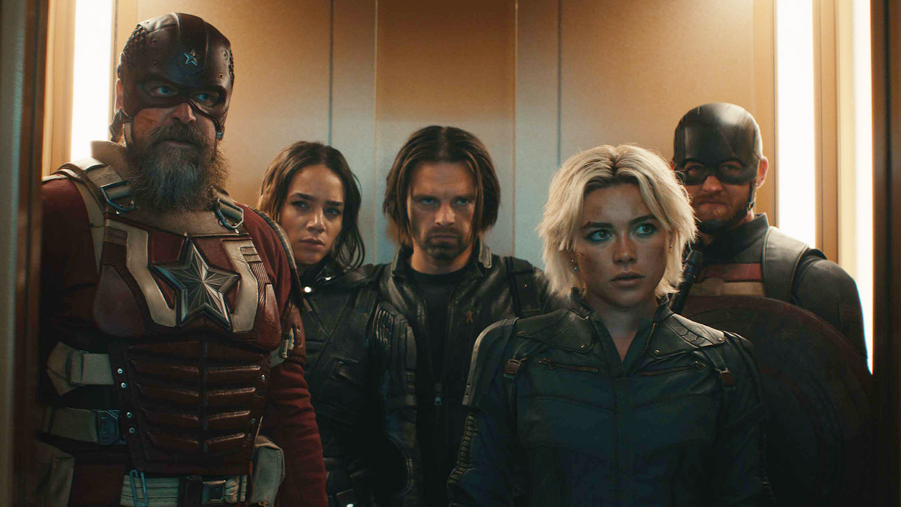 (L-R): Alexei Shostakov/Red Guardian (David Harbour), Ghost (Hannah John-Kamen), Bucky Barnes (Sebastian Stan), Yelena Belova (Florence Pugh), and John Walker (Wyatt Russell) in Marvel Studios' Thunderbolts