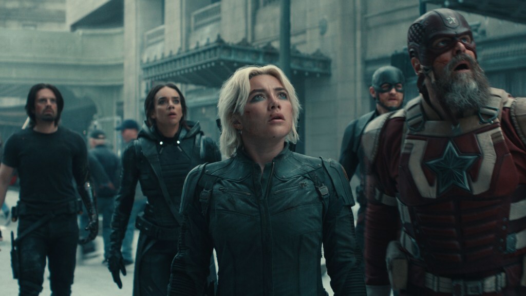 Sebastian Stan, Hannah John-Kamen, Florence Pugh, Wyatt Russell and David Harbour look up in terror in a still from 'Thunderbolts'.