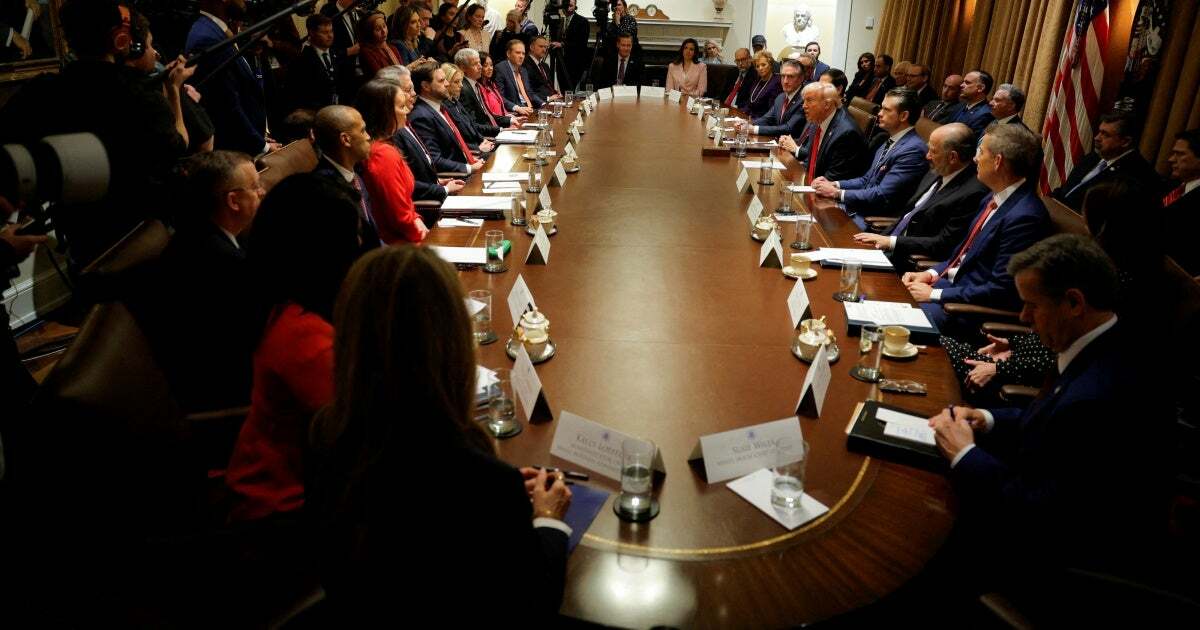 US President Donald Trump hosts his first cabinet meeting in Washington, DC, February 26, 2025.
